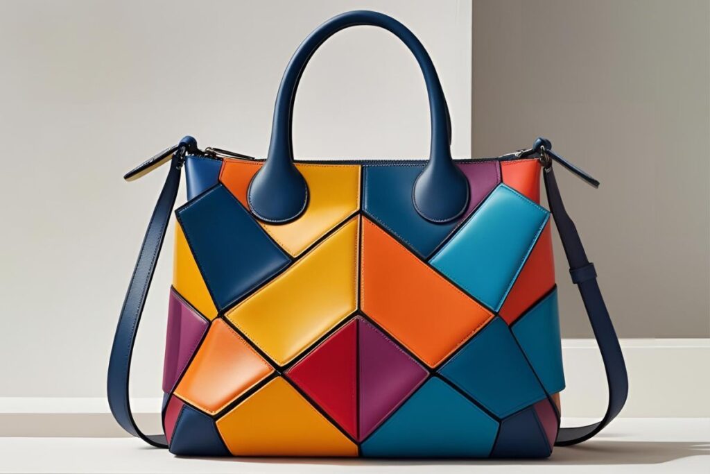 Bolsa Loewe Puzzle multicolorida com painéis de couro em azul, amarelo, laranja, vermelho e roxo.