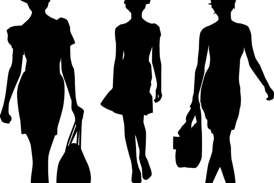 Silhuetas de três mulheres carregando bolsas, incluindo uma que se assemelha à forma maleável da Bolsa Puzzle Loewe.