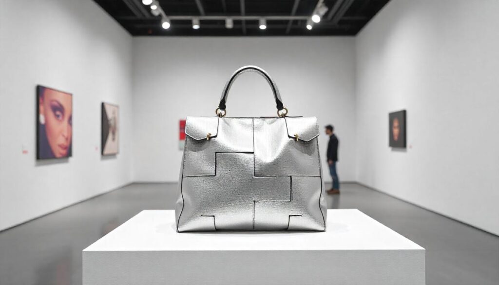 Bolsa Loewe Puzzle prateada em exibição sobre um pedestal branco em uma galeria de arte.
