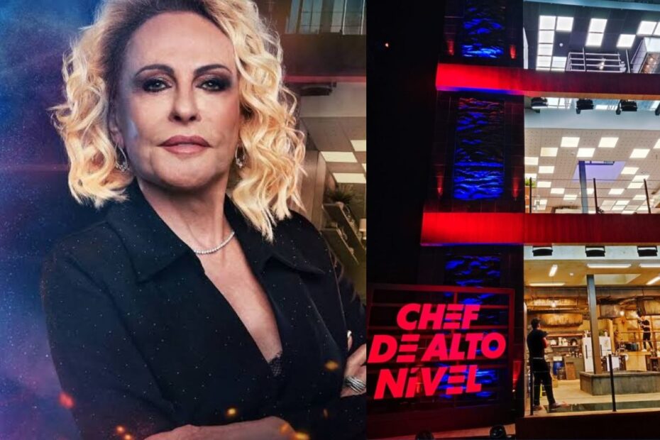Ana Maria Braga e fachada iluminada do reality Chef de Alto Nível da Globo