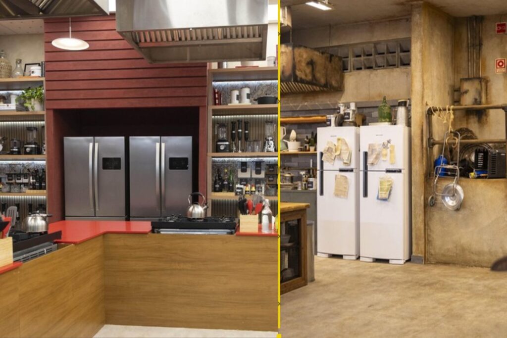 Comparação entre cozinhas sofisticada e rústica do reality Chef de Alto Nível