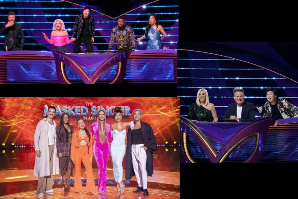 Colagem de imagens mostrando painéis de jurados e elenco do "The Masked Singer Brasil" e versões internacionais.