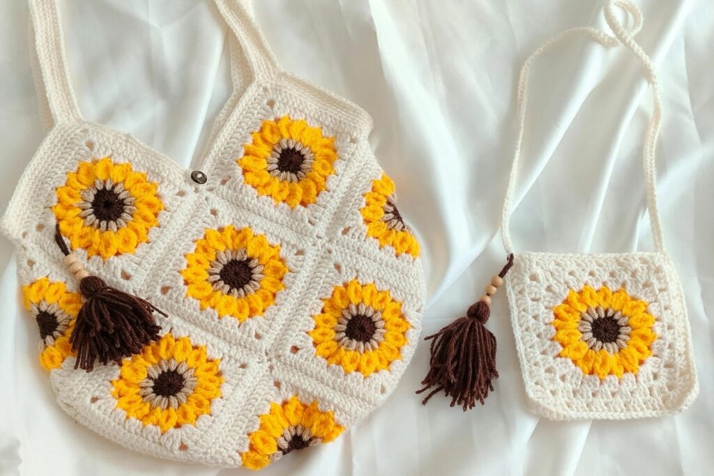 Bolsas de crochê com tema de girassol feitas à mão
