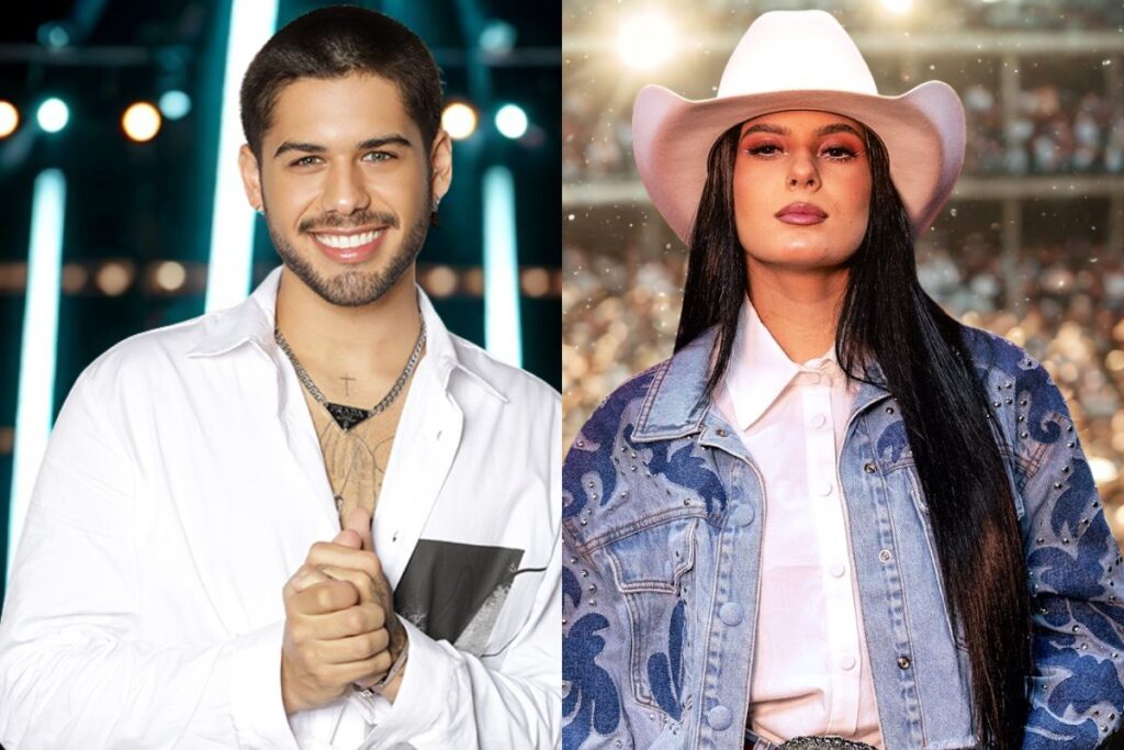 
Zé Felipe sorrindo de camisa branca e Ana Castela com chapéu cowboy branco e jaqueta jeans em fotos individuais dos cantores sertanejos