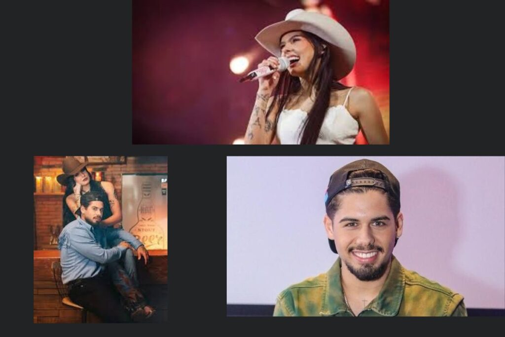 Collage com Ana Castela cantando no palco, casal em pose romântica e Zé Felipe sorrindo, ilustrando rumores de romance sertanejo
