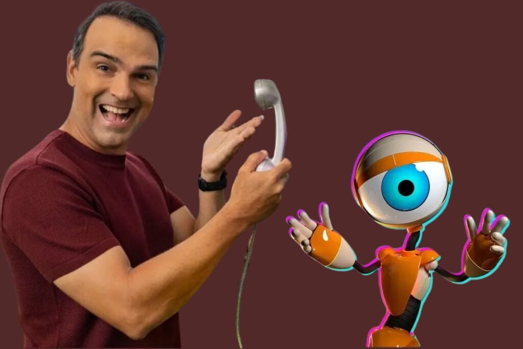 Apresentador do BBB26 interagindo com o mascote do Big Brother Brasil, simbolizando a nova edição do reality show.