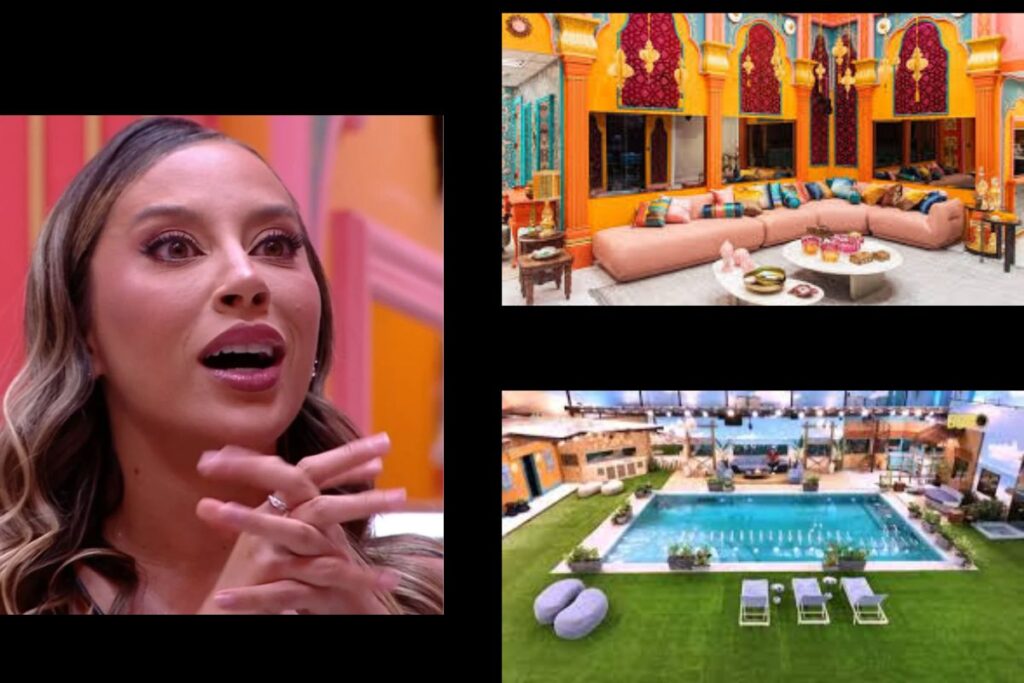 Participante do BBB26 emocionada dentro da casa, com destaque para a sala colorida e a área externa com piscina.